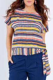 Model Laura wearing size 14 of the Striped Tie Waist Top in colour Tribal (Blue), from the front, cropped image