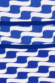 Product shot of the Printed Short Sleeve Faux Wrap Dress in colour Waves (Blue), detail