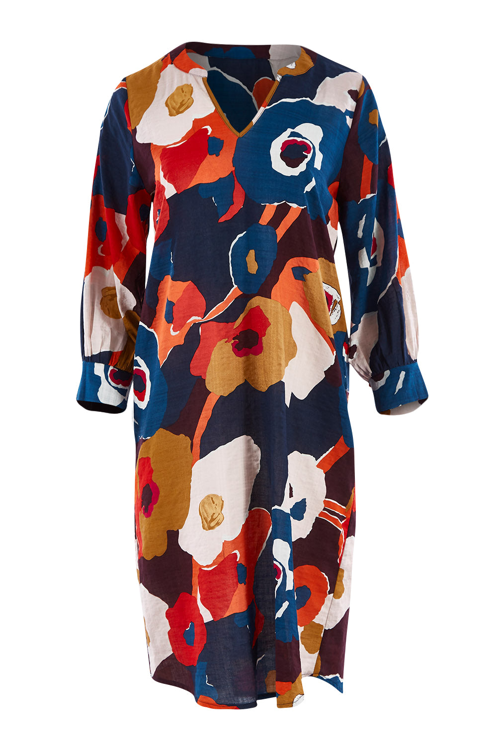 Product shot of the Long Sleeve Relaxed Fit Dress in colour Autfloral (Blue), from the front