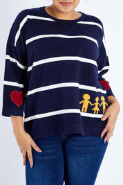 Model Sasha-Lee wearing size XL of the Together Sweater in colour Together (Blue), from the front, cropped image