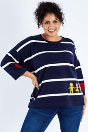 Model Sasha-Lee wearing size XL of the Together Sweater in colour Together (Blue), from the front, cropped image