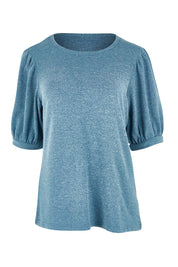 Product shot of the Gathered Sleeve Top in colour Denim (Blue), from the front
