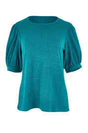 Product shot of the Gathered Sleeve Top in colour Jade (Green), from the front