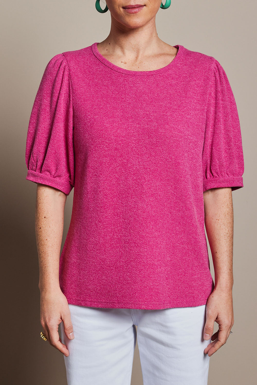 Model Katie wearing size 10 of the Gathered Sleeve Top in colour Magenta (Pink), from the front, cropped image