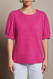 Model Katie wearing size 10 of the Gathered Sleeve Top in colour Magenta (Pink), from the front, cropped image