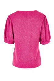 Product shot of the Gathered Sleeve Top in colour Magenta (Pink), from the back