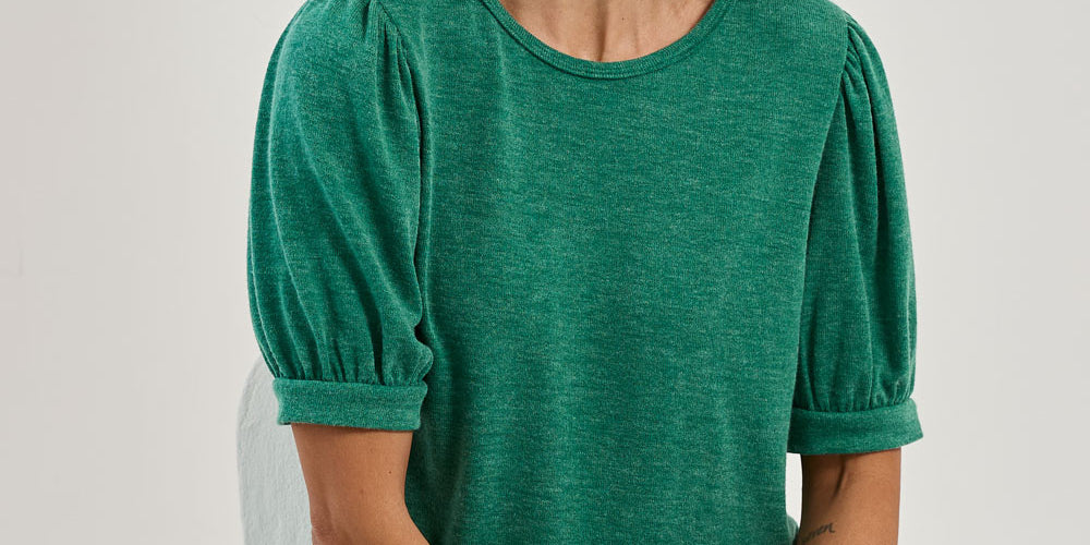 Model Amanda wearing size 10 of the Gathered Sleeve Top in colour Vividgreen (Green), from the front, showing the whole outfit