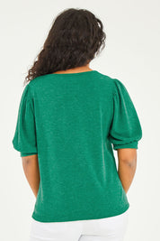 Model Noli wearing size 14 of the Gathered Sleeve Top in colour Vividgreen (Green), from the back
