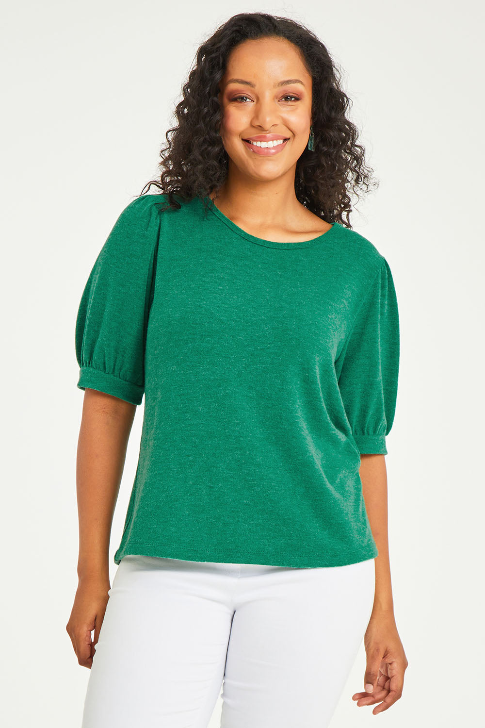 Model Noli wearing size 14 of the Gathered Sleeve Top in colour Vividgreen (Green), from the front, cropped image