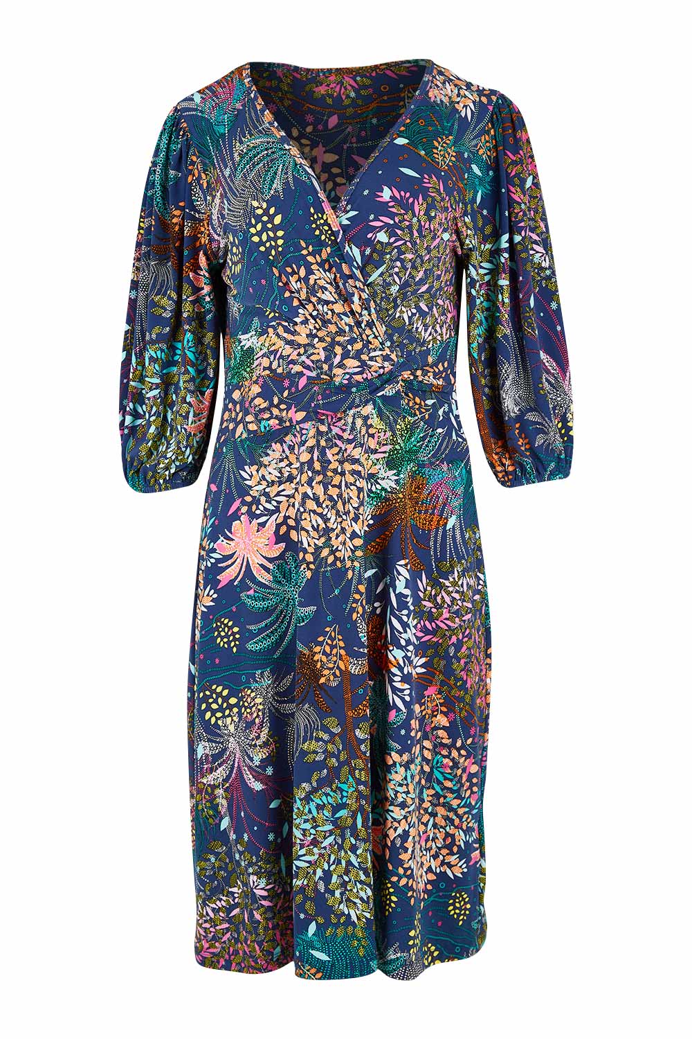 Product shot of the Gathered Waist Faux Wrap Dress in colour Wonderland (Blue), from the front