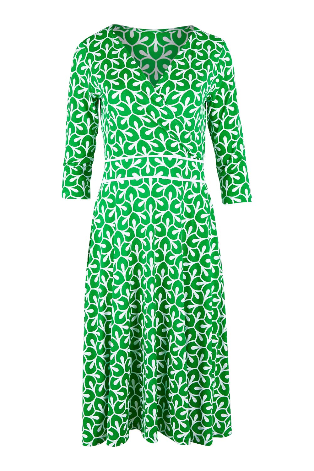 Product shot of the Printed 3/4 Sleeve Faux Wrap Dress in colour Petal (Green), from the front