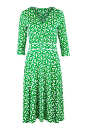 Product shot of the Printed 3/4 Sleeve Faux Wrap Dress in colour Petal (Green), from the front