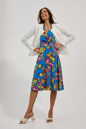 Model Amanda wearing size 10 of the Printed 3/4 Sleeve Faux Wrap Dress in colour Garden (Blue), from the front, showing the whole outfit
