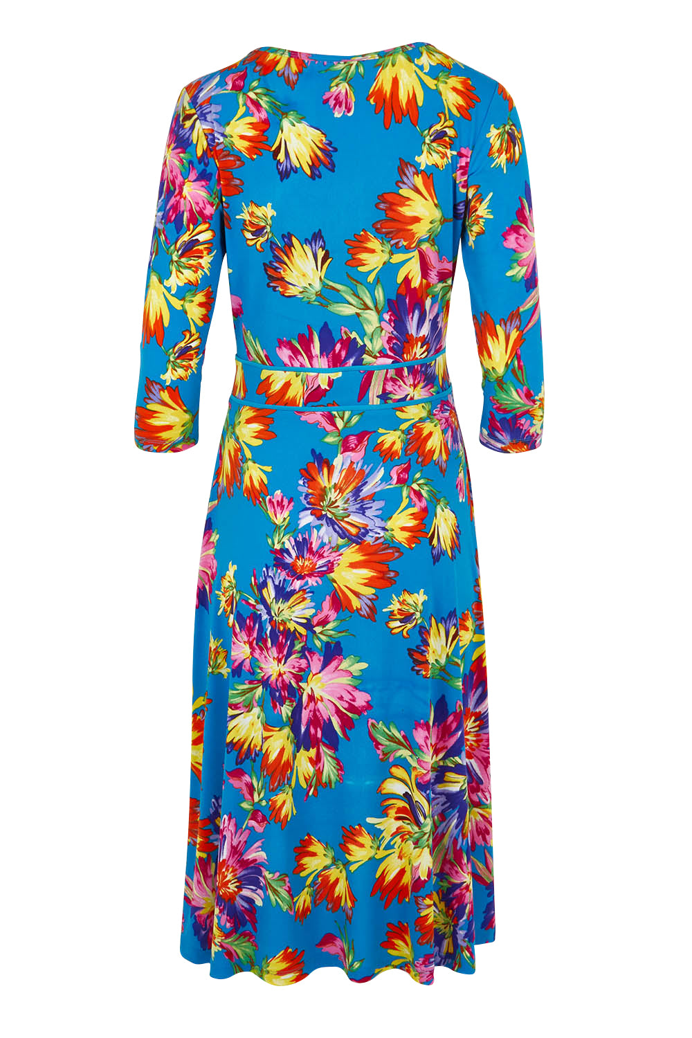 Product shot of the Printed 3/4 Sleeve Faux Wrap Dress in colour Garden (Blue), from the back