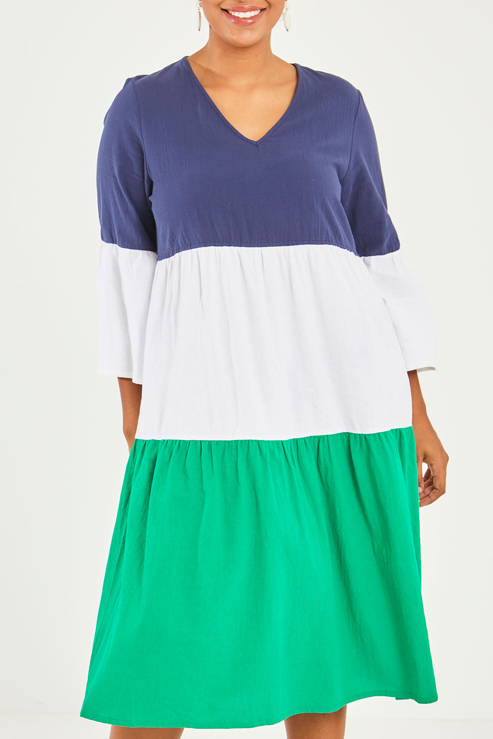 Model Noli wearing size 14 of the Multi Colour Tier Dress in colour Multi (Blue), from the front, cropped image