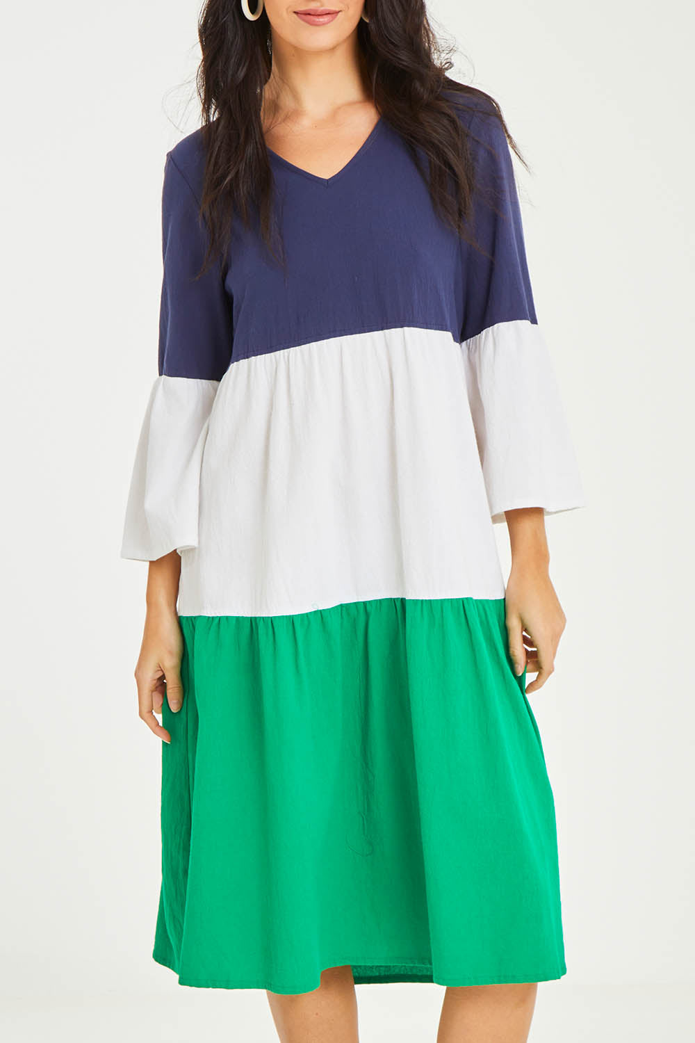 Model Stacey wearing size 10 of the Multi Colour Tier Dress in colour Multi (Blue), from the front, cropped image