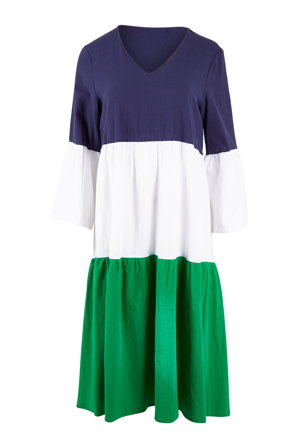 Product shot of the Multi Colour Tier Dress in colour Multi (Blue), from the front