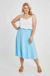 Model Keeara wearing size 16 of the Gathered Waist Long Skirt in colour Skyblue (Blue), from the front, showing the whole outfit