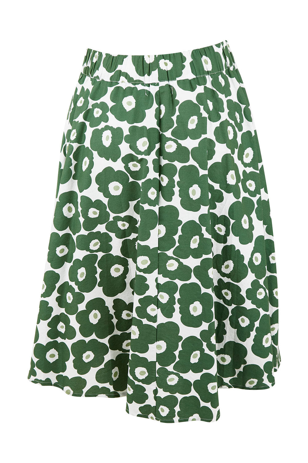Product shot of the Calf Length Gathered Skirt in colour Daisy (Green), from the back