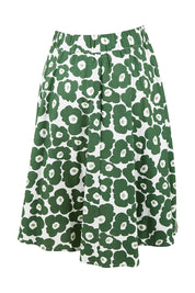 Product shot of the Calf Length Gathered Skirt in colour Daisy (Green), from the back
