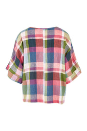 Product shot of the Bell Sleeve Top in colour Check (Blue), from the back