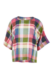 Product shot of the Bell Sleeve Top in colour Check (Blue), from the front
