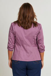 Model Monique wearing size 14 of the Buttoned Blazer in colour Mauve (Purple), from the back