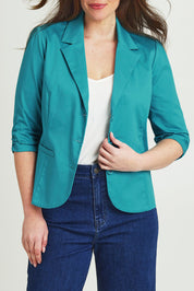 Model Jane wearing size 14 of the Buttoned Blazer in colour Turquoise (Blue), from the front, cropped image