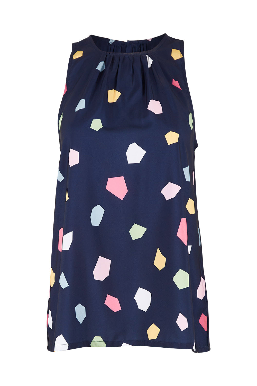 Product shot of the Sleeveless Tank in colour Jigsaw (Blue), from the front