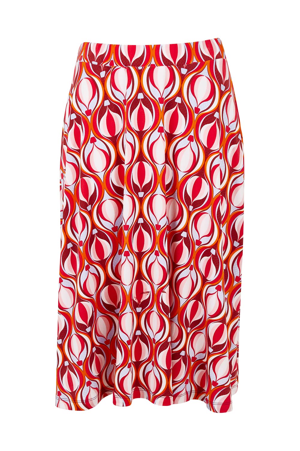 Product shot of the Printed Calf Length Gathered Waist Skirt in colour Balloons (Pink), from the front