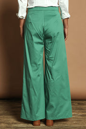 Model Katie wearing size 10 of the Wide Leg Pant in colour Teal (Blue), from the back