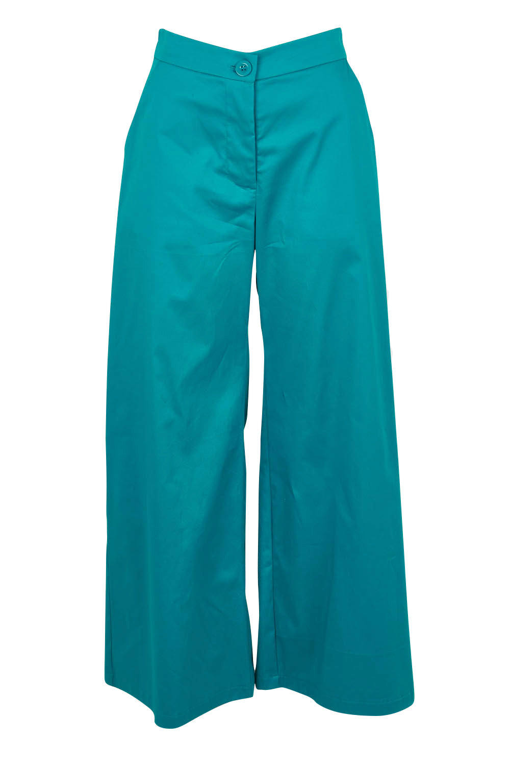 Product shot of the Wide Leg Pant in colour Turquoise (Blue), from the front