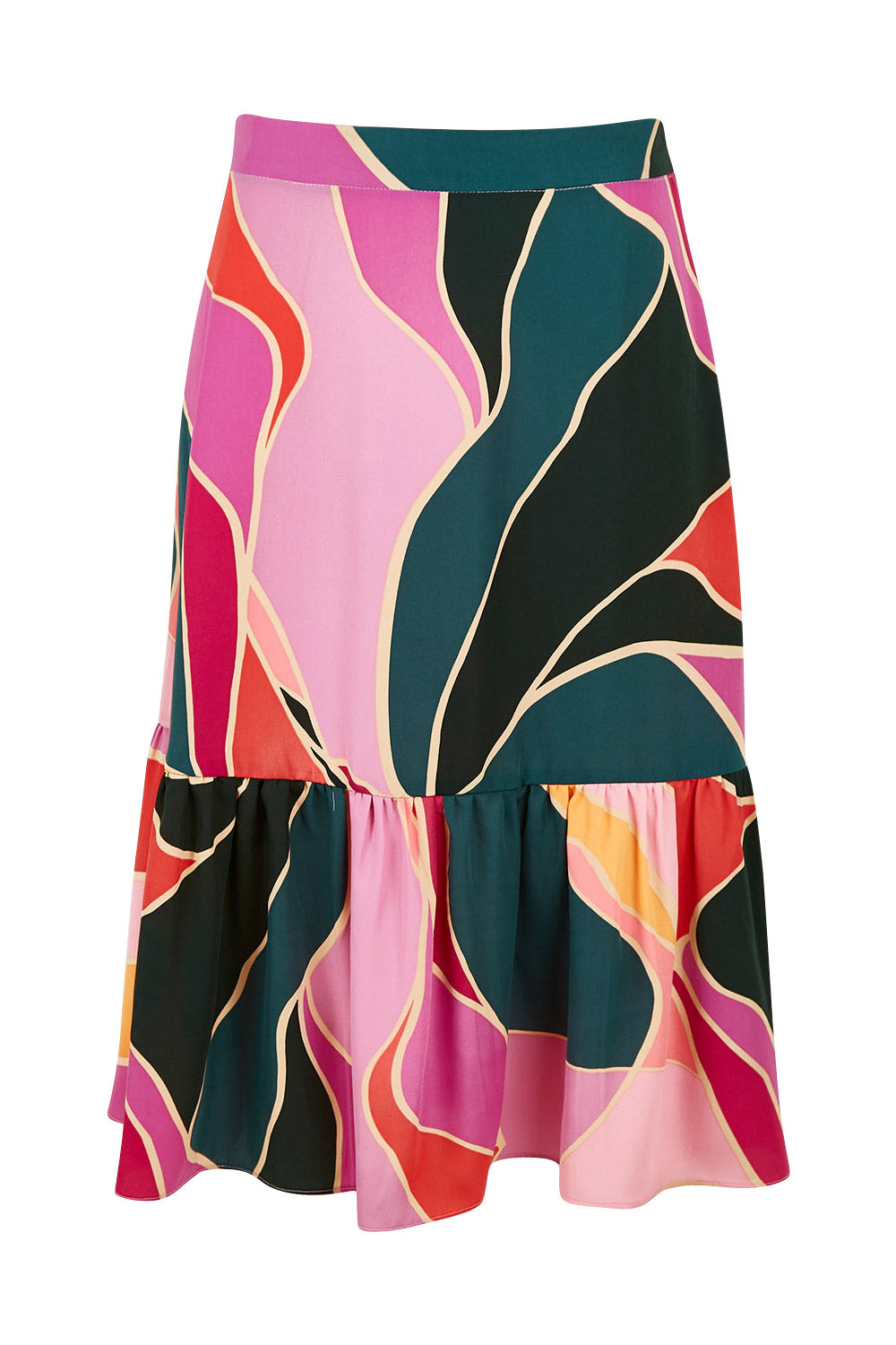 Product shot of the Flitter Skirt in colour Geo (Pink), from the front