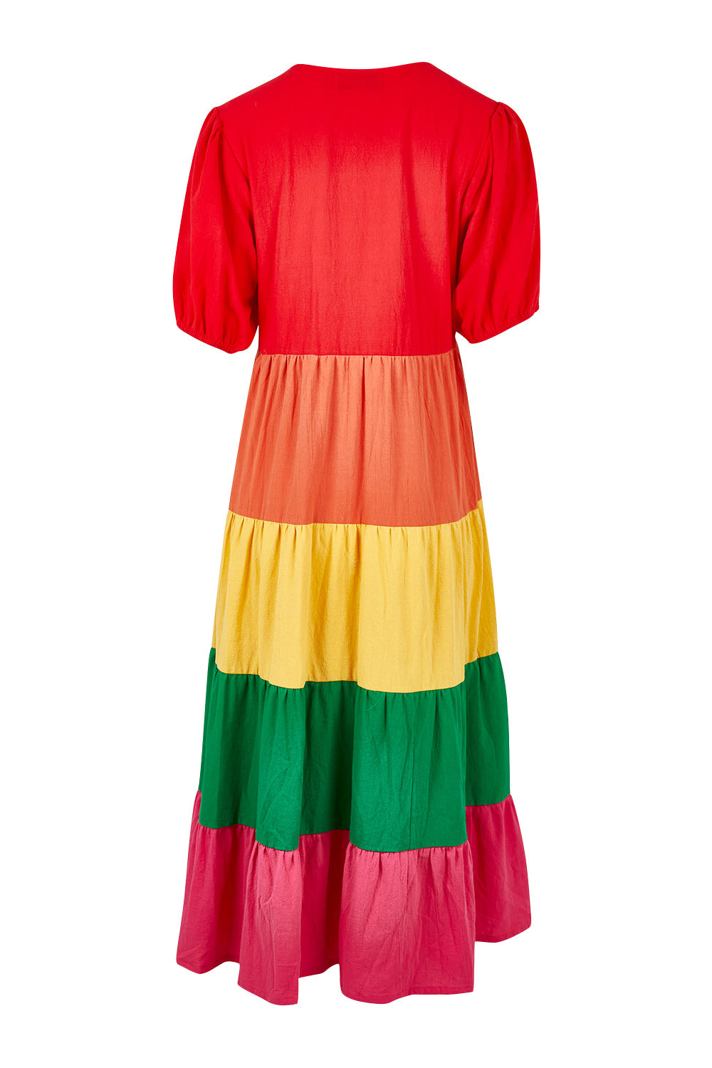 Product shot of the Multicolour Tiered Dress in colour Rainbow (Red), from the back