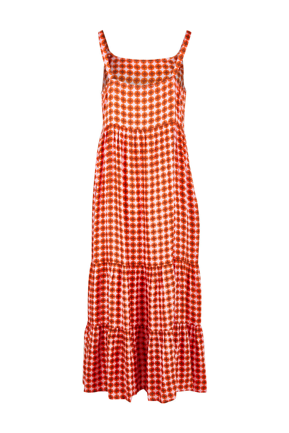 Product shot of the Printed Tiered Maxi Dress in colour Retrostar (Red), from the back