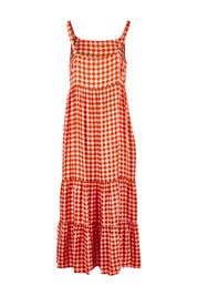 Product shot of the Printed Tiered Maxi Dress in colour Retrostar (Red), from the back