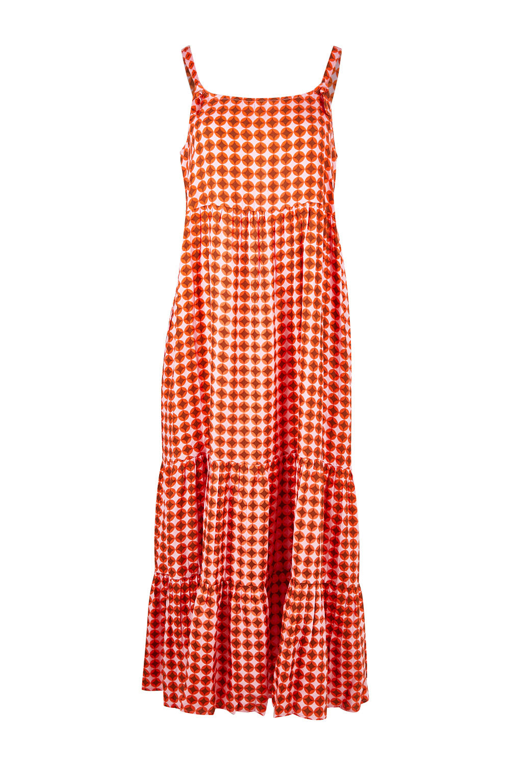 Product shot of the Printed Tiered Maxi Dress in colour Retrostar (Red), from the front