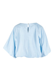 Product shot of the Billow Sleeve Top in colour Blue (Blue), from the back