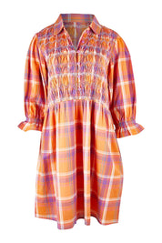 Product shot of the Shirred Bodice Detail Dress in colour Checked, from the front