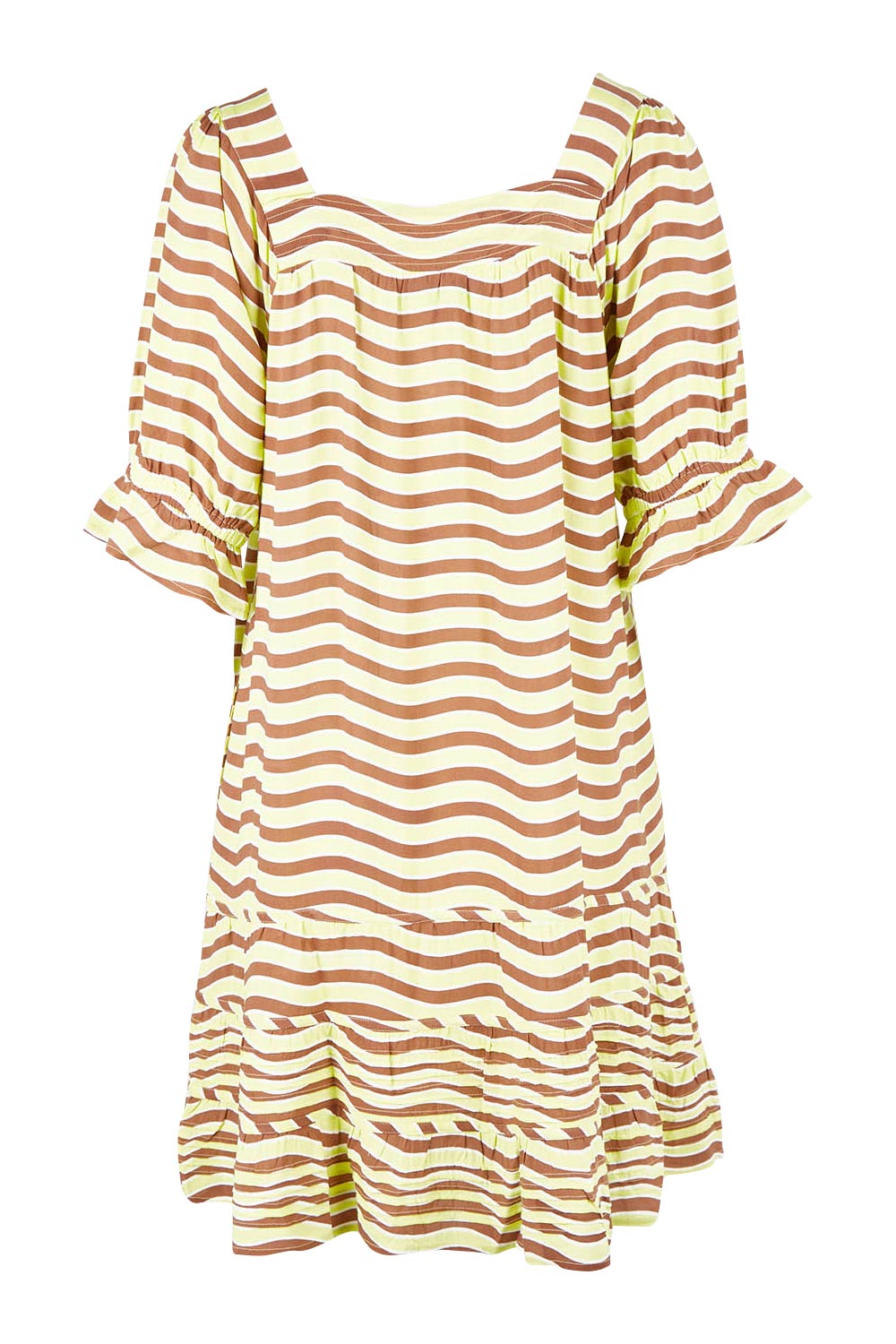Product shot of the Stitch Detail Ruffle Sleeve Dress in colour Limechoc, from the back
