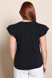 Model Georgiel wearing size 10 of the Ruffle Sleeve Top - Black in colour Black, from the back