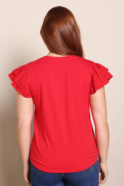 Model Georgiel wearing size 10 of the Ruffle Sleeve Top – Lollipop in colour Lollipop, from the back