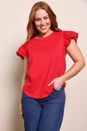 Model Georgiel wearing size 10 of the Ruffle Sleeve Top – Lollipop in colour Lollipop, in a cropped view