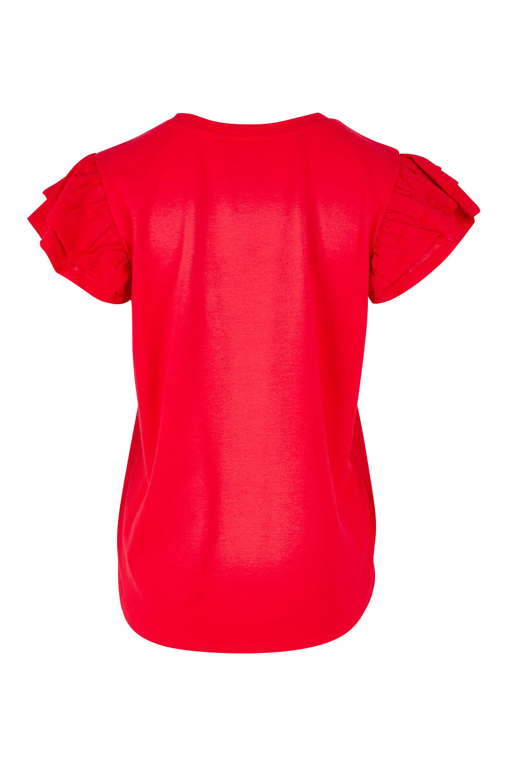 Product shot of the Ruffle Sleeve Top in colour Lollipop (Red), from the back