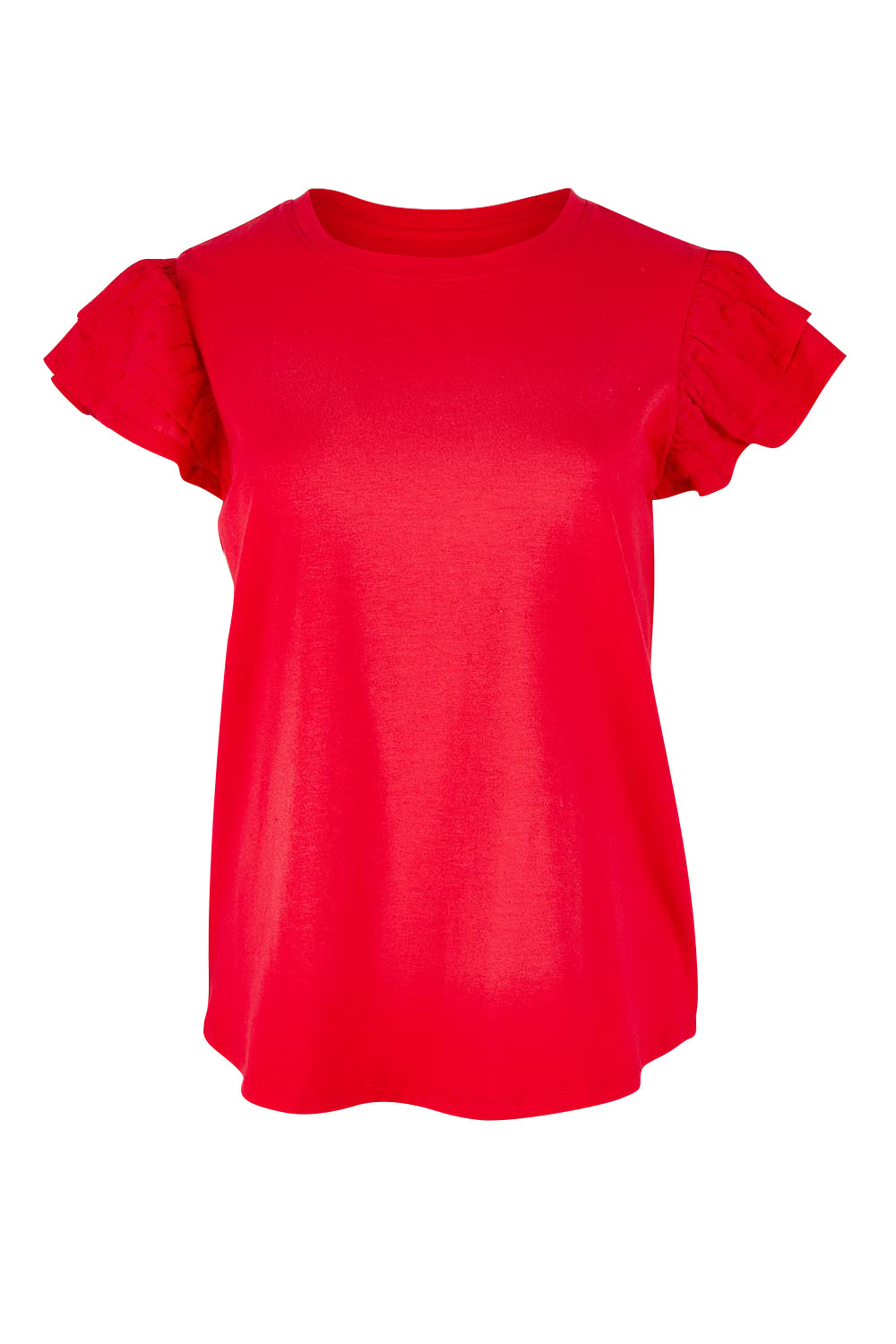 Product shot of the Ruffle Sleeve Top in colour Lollipop (Red), from the front