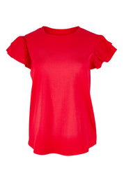 Product shot of the Ruffle Sleeve Top in colour Lollipop (Red), from the front