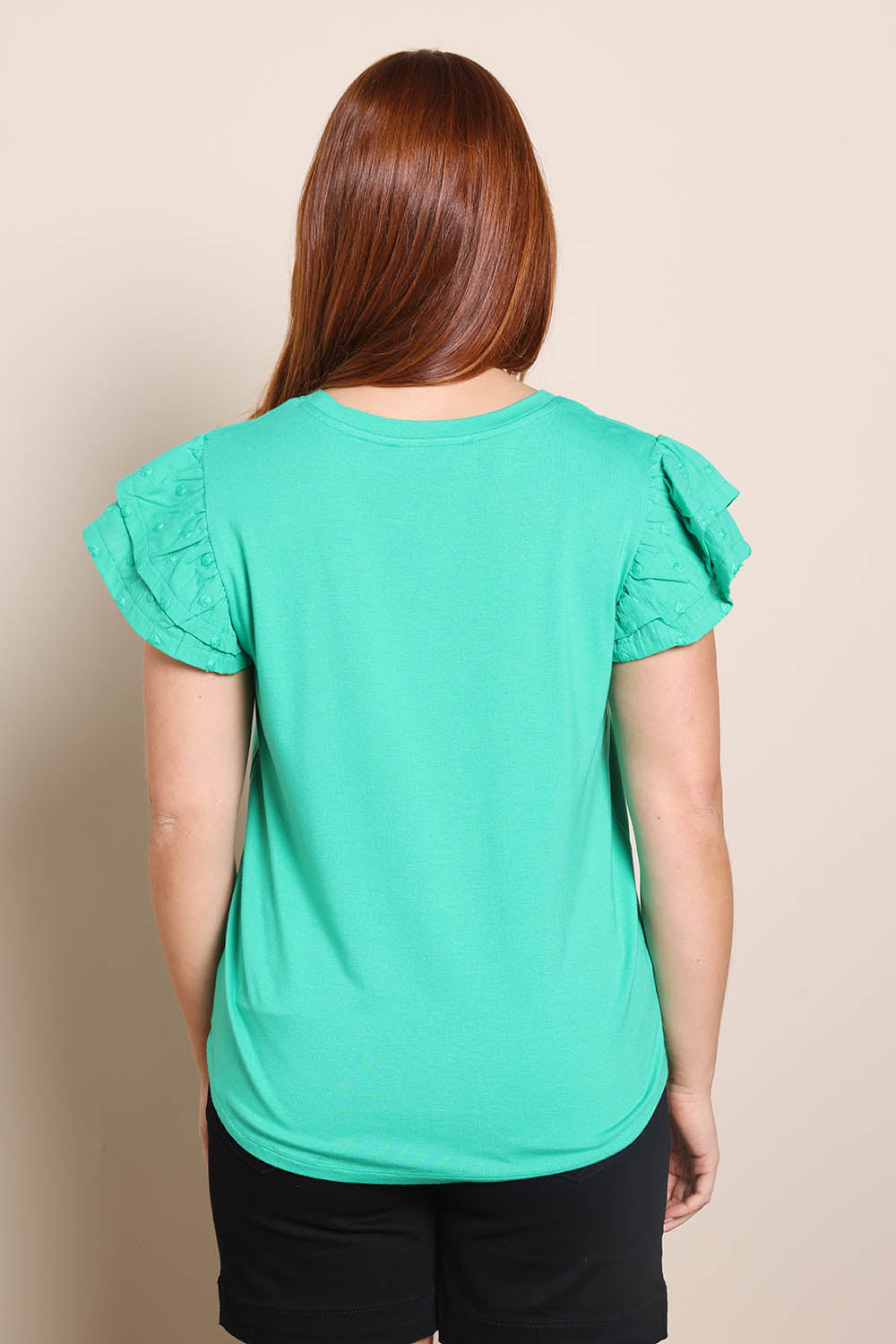Model Georgiel wearing size 10 of the Ruffle Sleeve Top – Mint in colour Mint, from the back