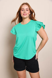 Model Georgiel wearing size 10 of the Ruffle Sleeve Top – Mint in colour Mint, in a cropped view