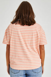 Model Monique wearing size 14 of the Sequin Pocket Tee in colour Sequins, from the back