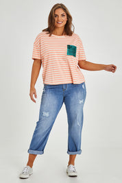 Model Monique wearing size 14 of the Sequin Pocket Tee in colour Sequins, from the front, showing the whole outfit